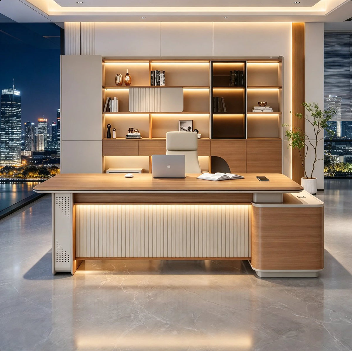Executive Office Desk 2.2m L Shaped with Side Return, Storage Cabinet and LED Front, Walnut and Grey | Boss Office Table with Drawers