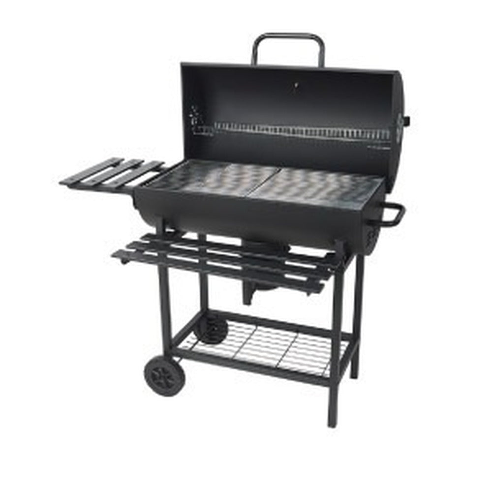Barrel charcoal BBQ grill with lid on a trolley with side shelf and wheels