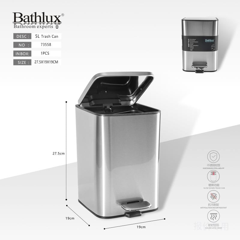 Bathlux 5 litre square pedal bin in brushed stainless steel with lid open