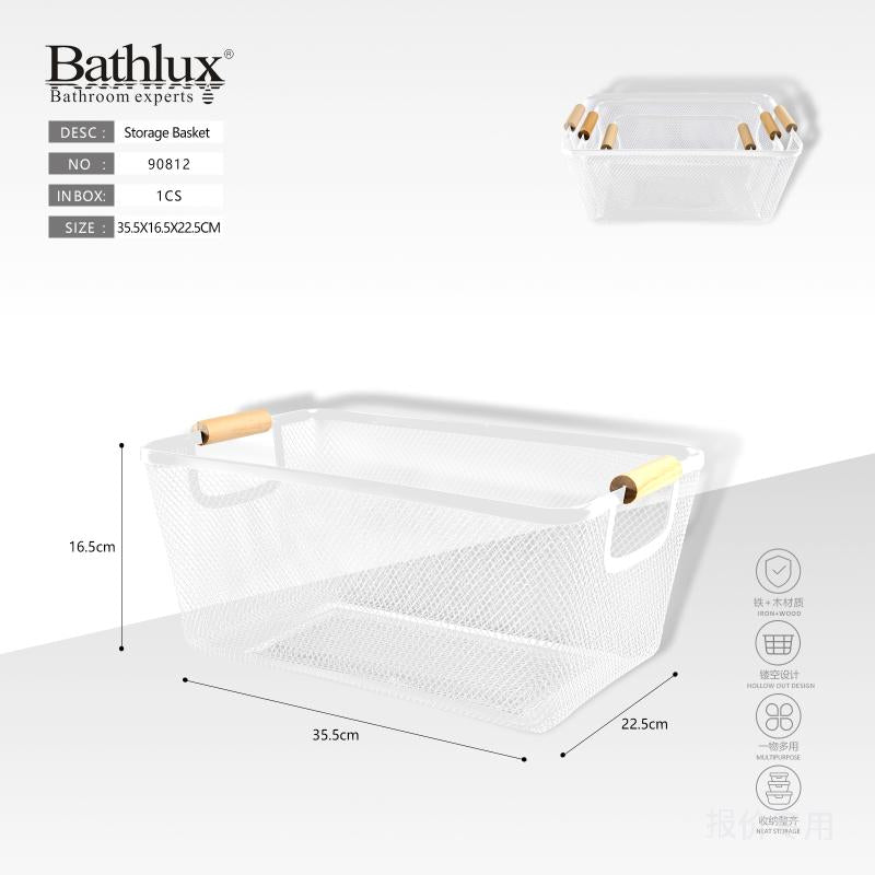 Bathlux metal mesh storage basket with wooden handles in white