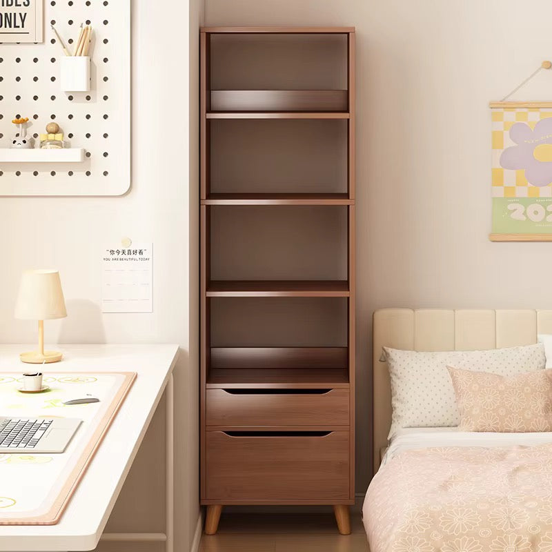 Tall Wooden Bookshelf with 2 Drawers 180cm Dark Cedar | Narrow Bookcase Storage Shelf
