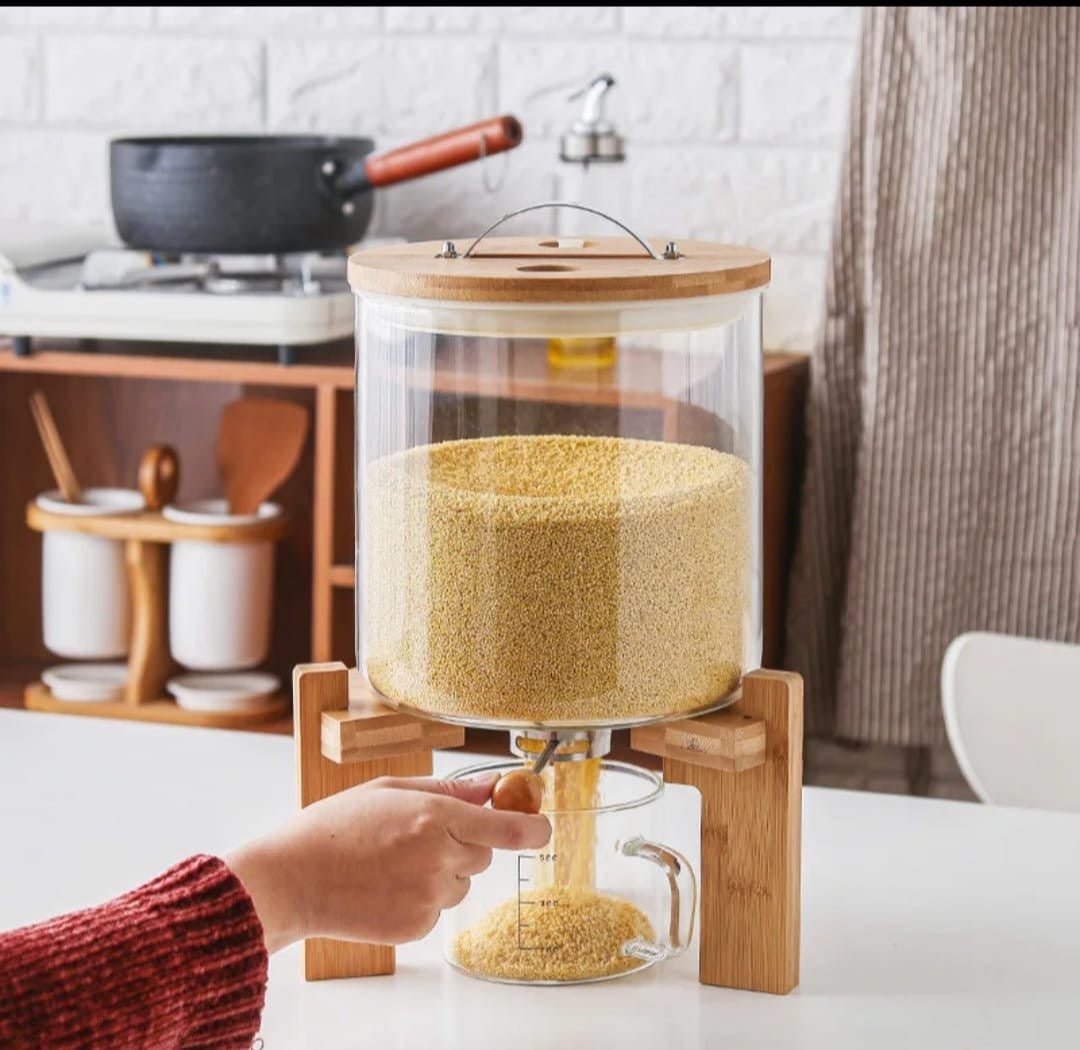 Glass Rice Dispenser, Cereal Container with Bamboo Stand, Large Airtight Food Storage Bin, Rice Organization Tank with Measuring Cup for Grain Coffee Beans Dry Food