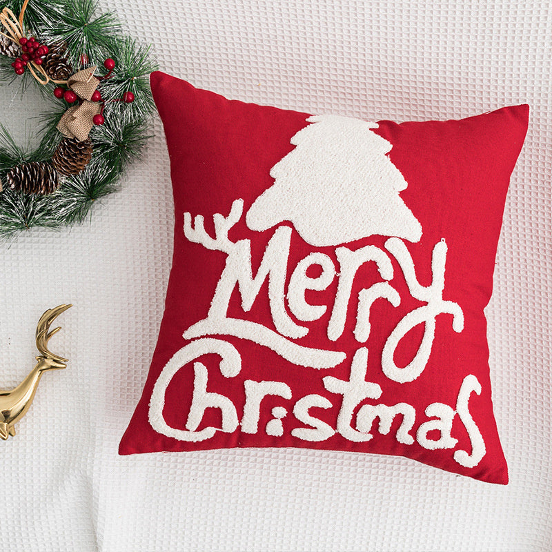 Christmas cushion cover 45x45cm, red canvas with embroidered Merry Christmas lettering and tree