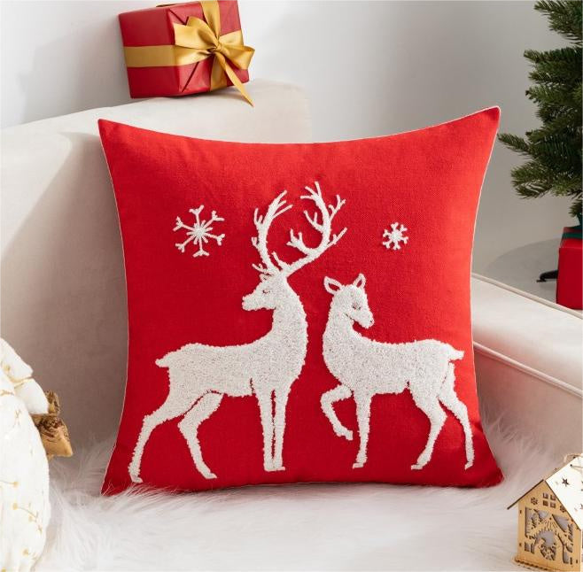 Christmas cushion cover 45x45cm, red canvas with embroidered reindeer pair and snowflakes