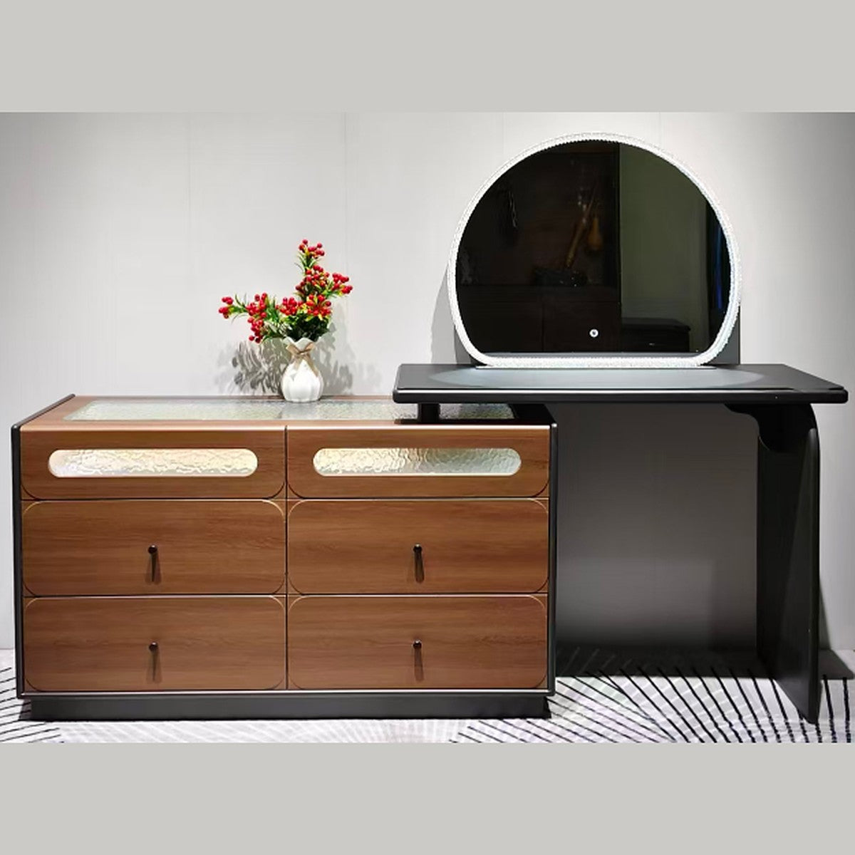 Extending Dressing Table Walnut and Black with Round LED Mirror, 6 Drawer