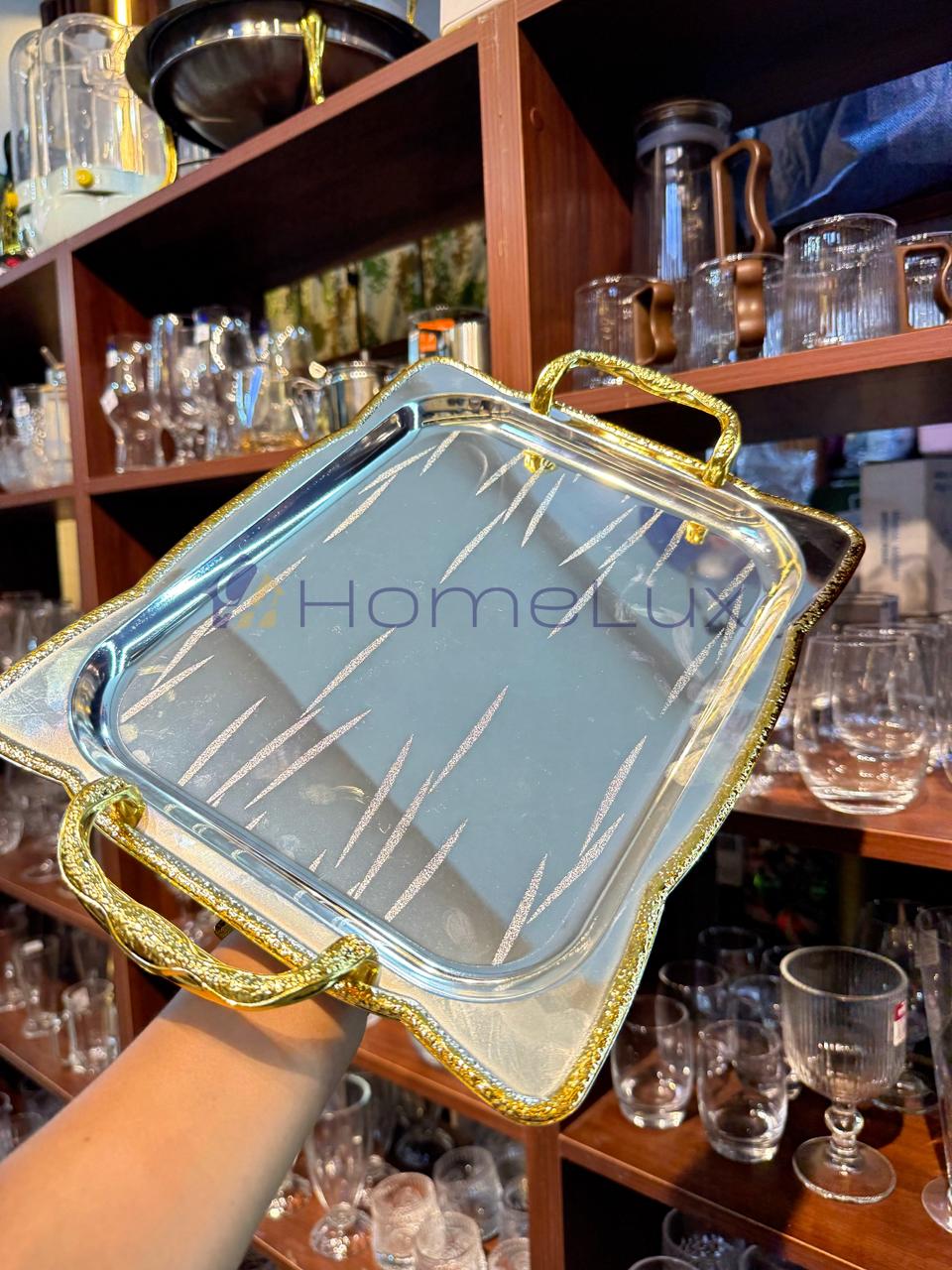 Luxury Serving Tray Set 3 Pieces Iron Steel Serving Tray Set Full Nickel With Gold Handle