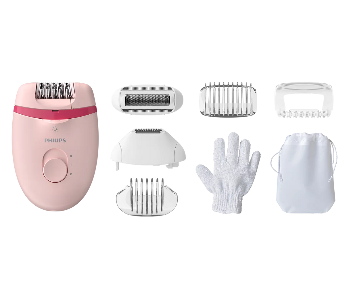 Philips Satinelle Epilator with Opti-Light & 7 Accessories - For Legs & Sensitive Areas, Root Removal as Short as 0.5mm