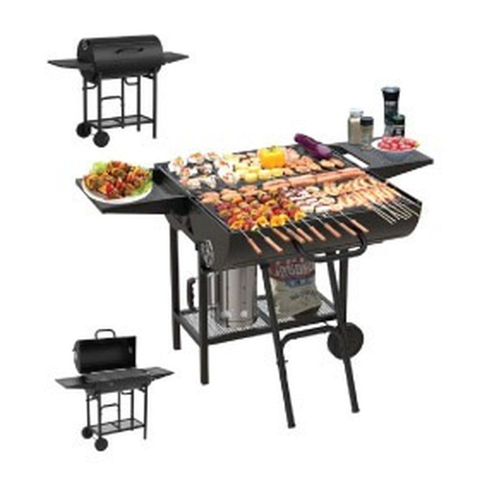 Double sided dual use charcoal BBQ grill with side shelves loaded with skewers and meat