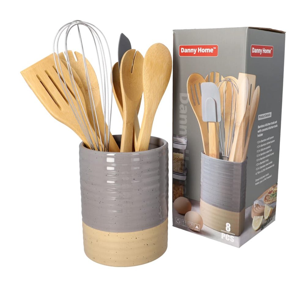 Danny Home 8pcs Bamboo Kitchen Utensils Set with Ceramic Holder Kenya