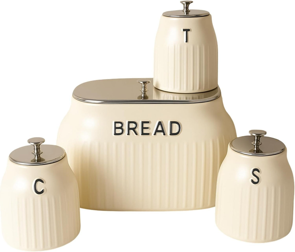 Bread Bin & 3 Canister Set – Labelled Tea, Coffee & Sugar