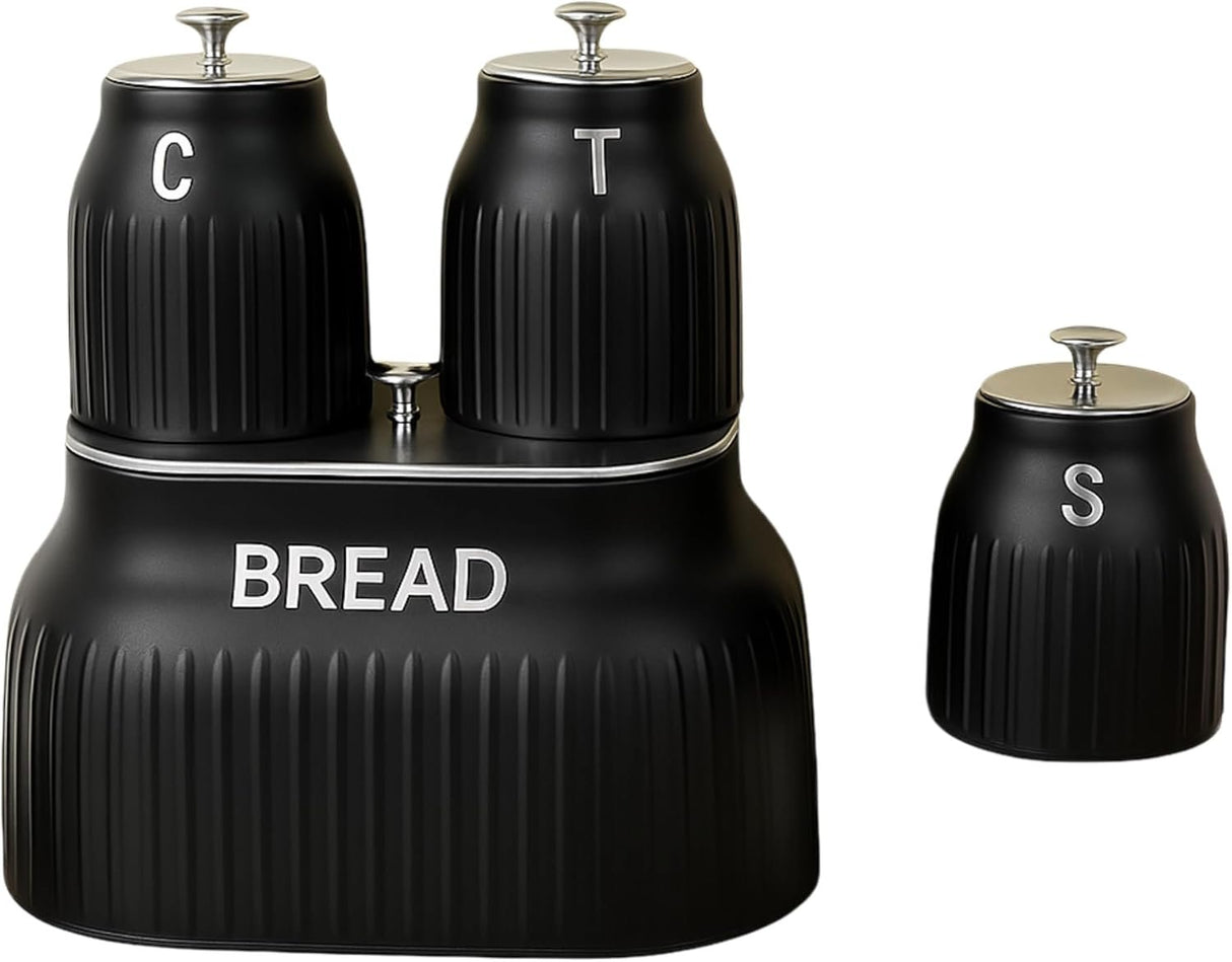 Bread Bin & 3 Canister Set – Labelled Tea, Coffee & Sugar