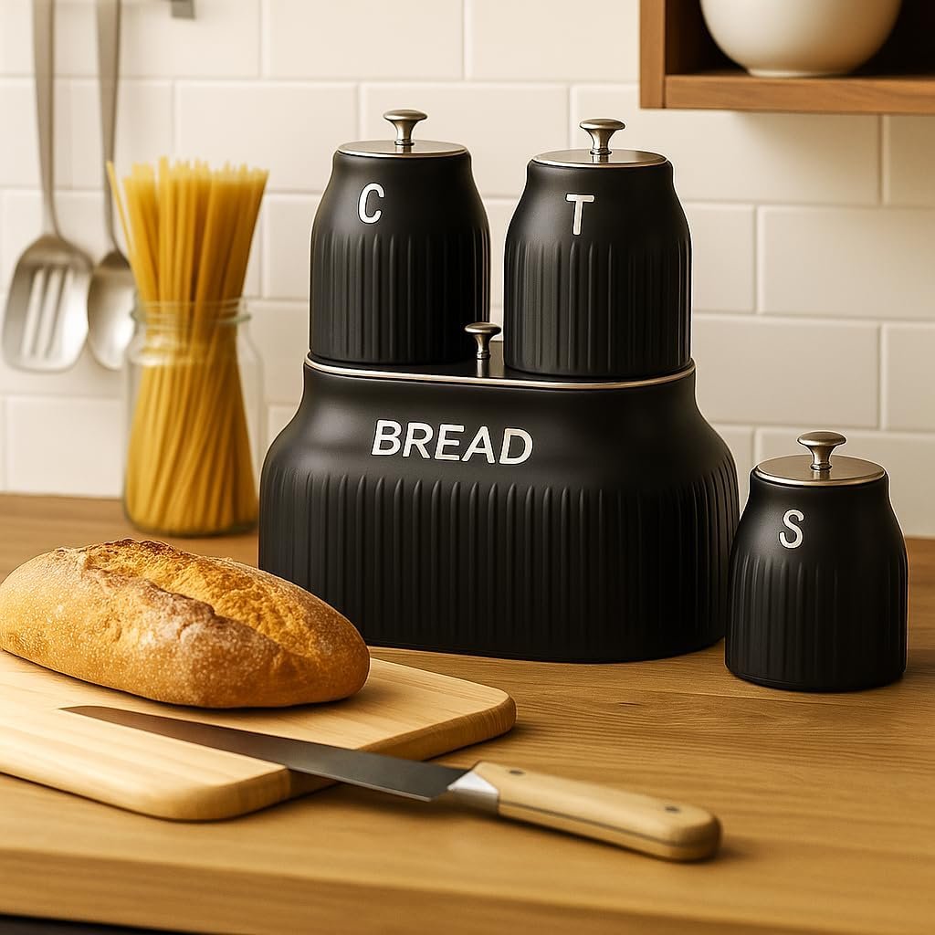 Bread Bin & 3 Canister Set – Labelled Tea, Coffee & Sugar