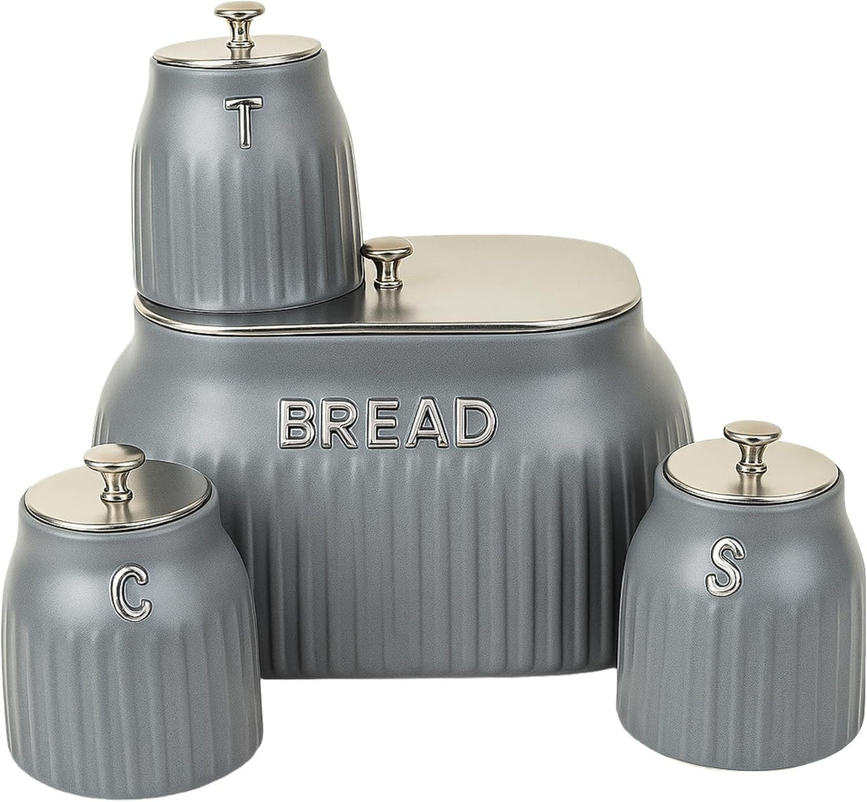Bread Bin & 3 Canister Set – Labelled Tea, Coffee & Sugar