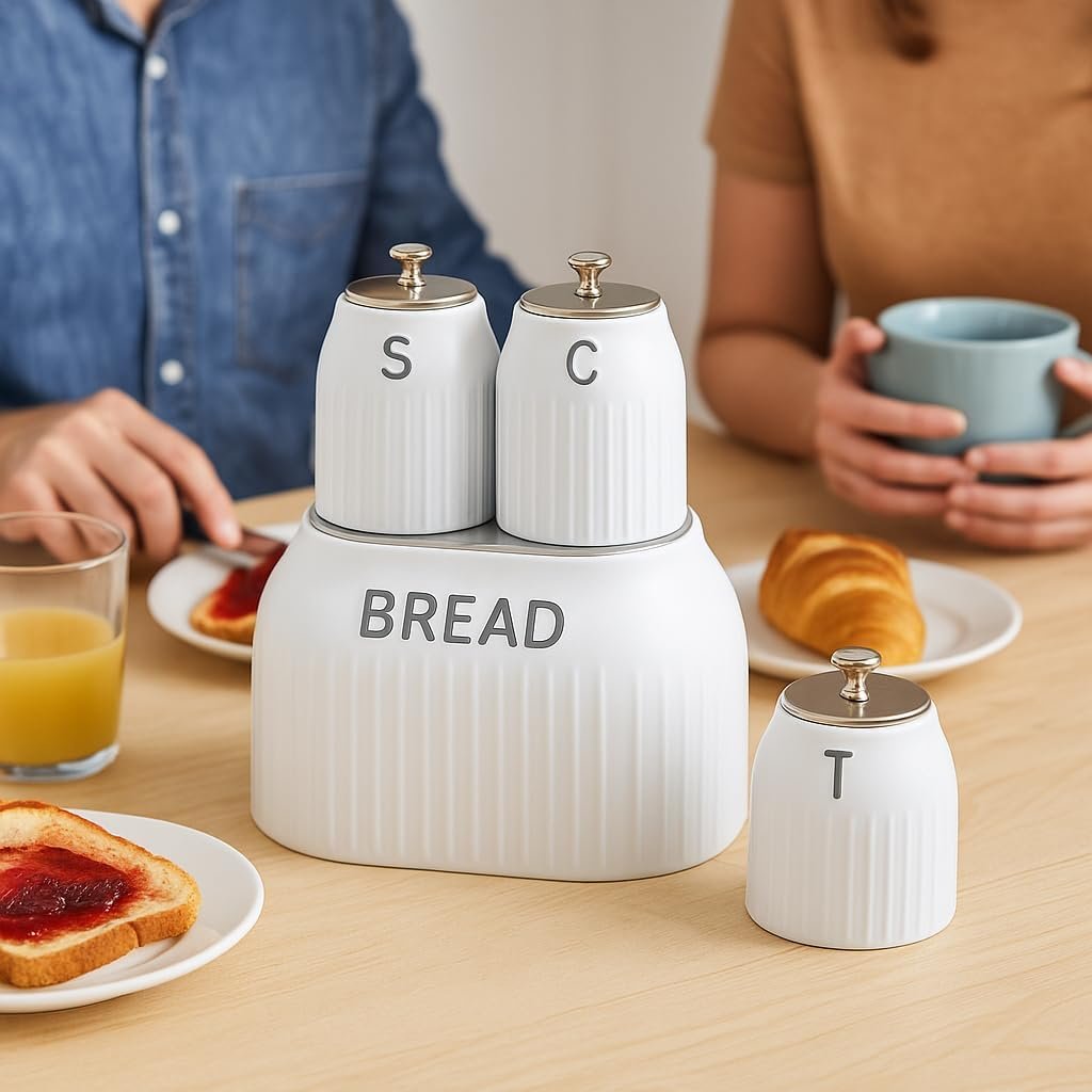 Bread Bin & 3 Canister Set – Labelled Tea, Coffee & Sugar