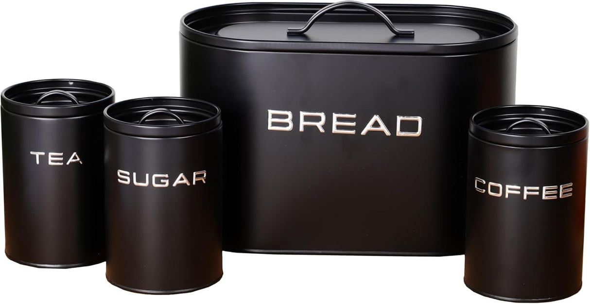 Alloy Bread Bin with 3 Labelled Airtight Canisters Set