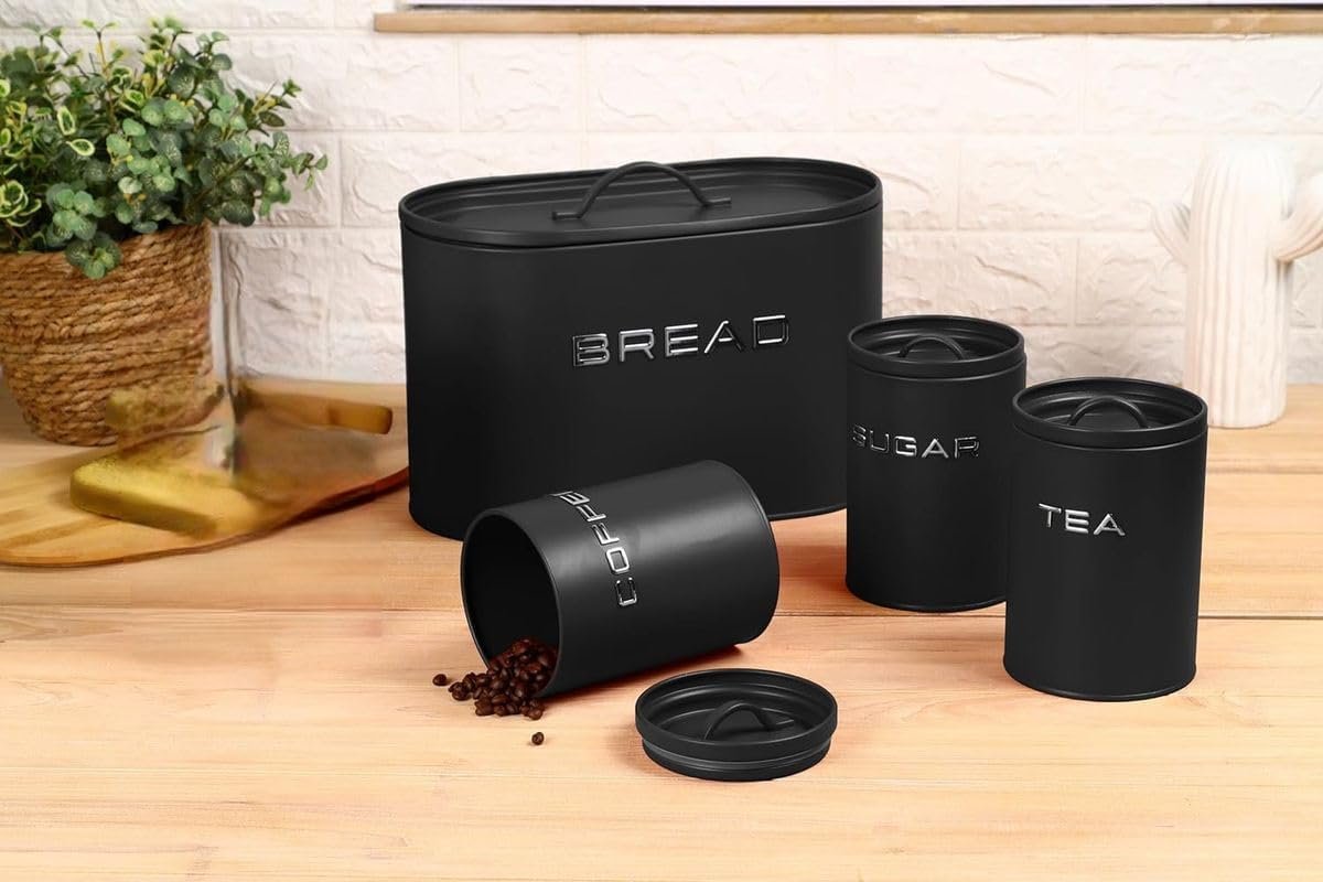 Alloy Bread Bin with 3 Labelled Airtight Canisters Set