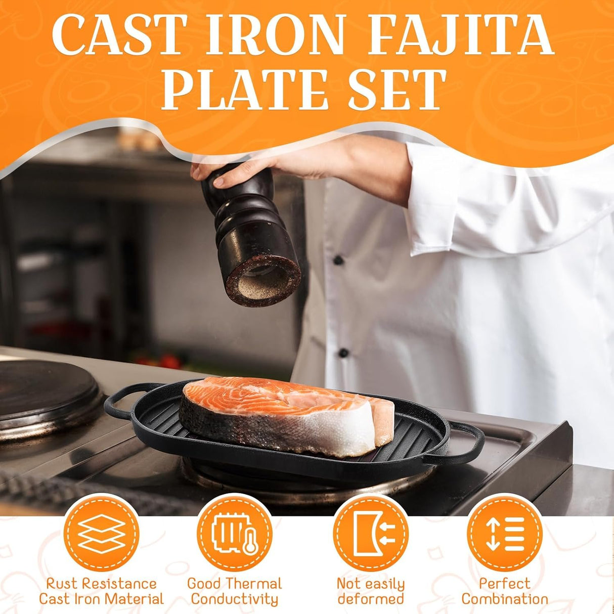 Cast Iron Sizzling Plate Fajita Skillet Bbq & Steak Pan – Wooden Base 29x17cm