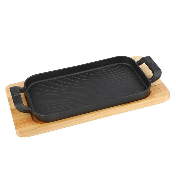 Cast Iron Sizzling plate Grill Pan & Steak Plate –Wooden Base