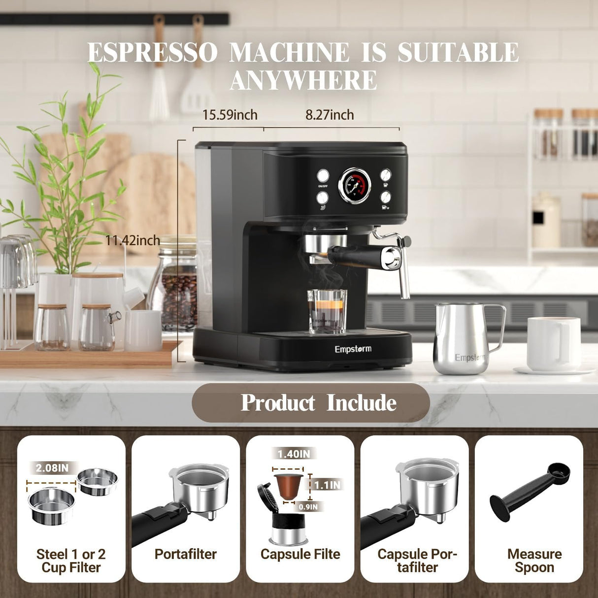 EmpstormĀ® Espresso Machine 20 Bar EM-04E | Semi-Automatic Coffee Maker with Milk Frother