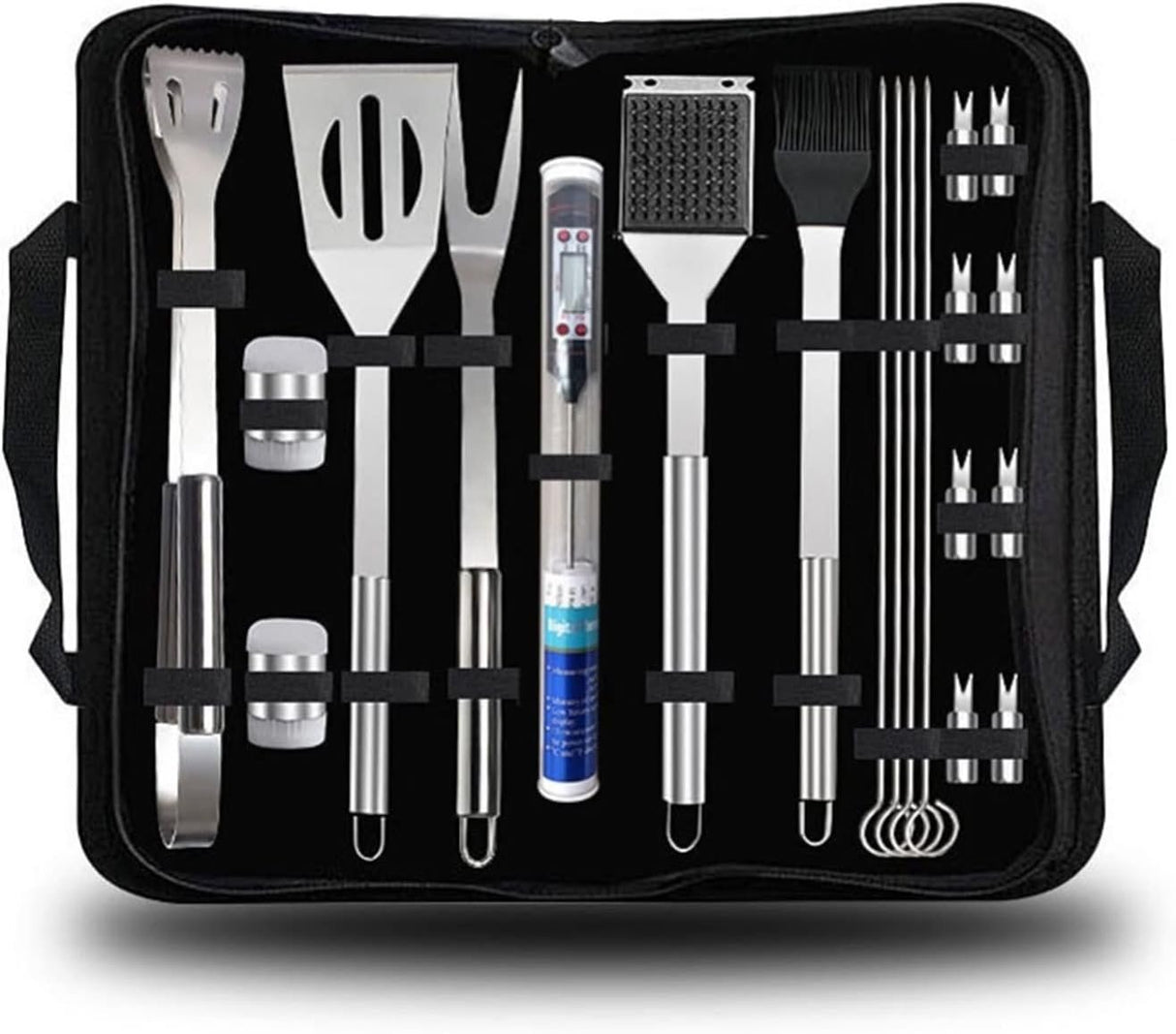 20pcs Stainless Steel BBQ Grill Tool Set with Thermometer & Storage Bag