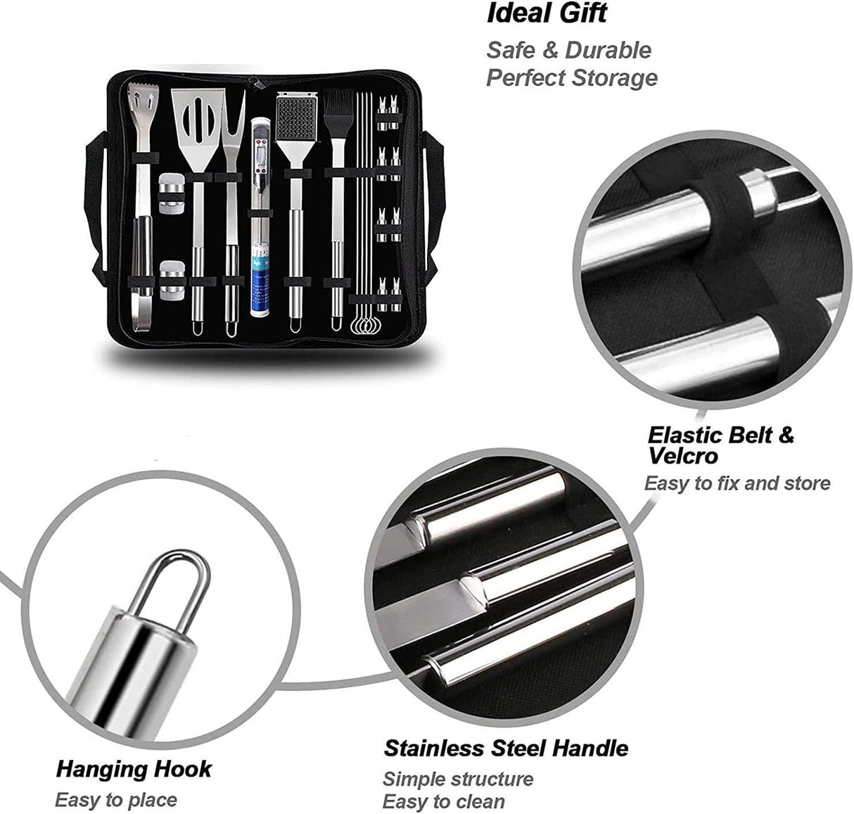 20pcs Stainless Steel BBQ Grill Tool Set with Thermometer & Storage Bag