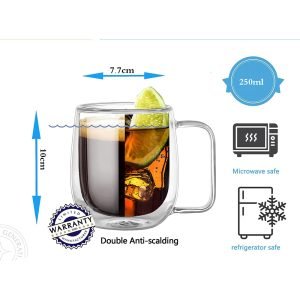 250ml 2-Pcs Danny Home Double Walled Glass Mug with Handle Set
