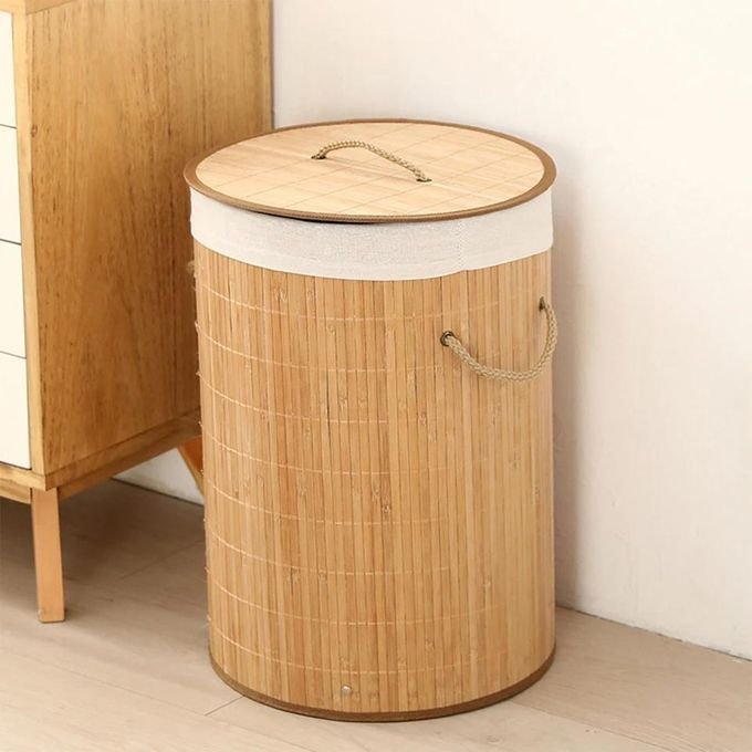 Foldable Round Bamboo Laundry Basket with Lid & Handle Kenya