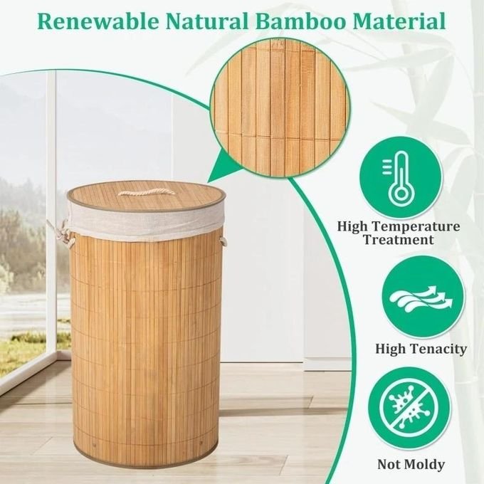 Foldable Round Bamboo Laundry Basket with Lid & Handle Kenya