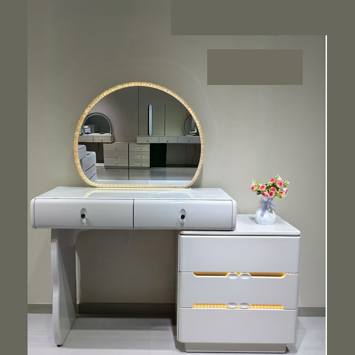 Dressing Table Light Grey with Arch LED Mirror and Gold Lit Drawers