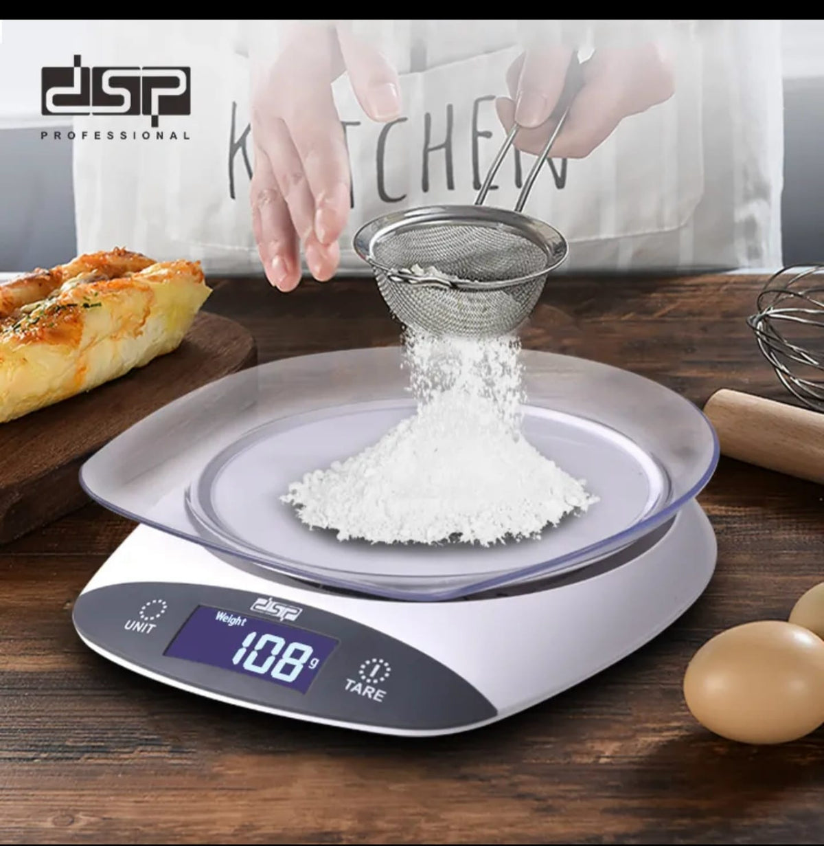 DSP digital kitchen scale 3kg weighing sifted flour, LCD reading 108g, unit and tare buttons