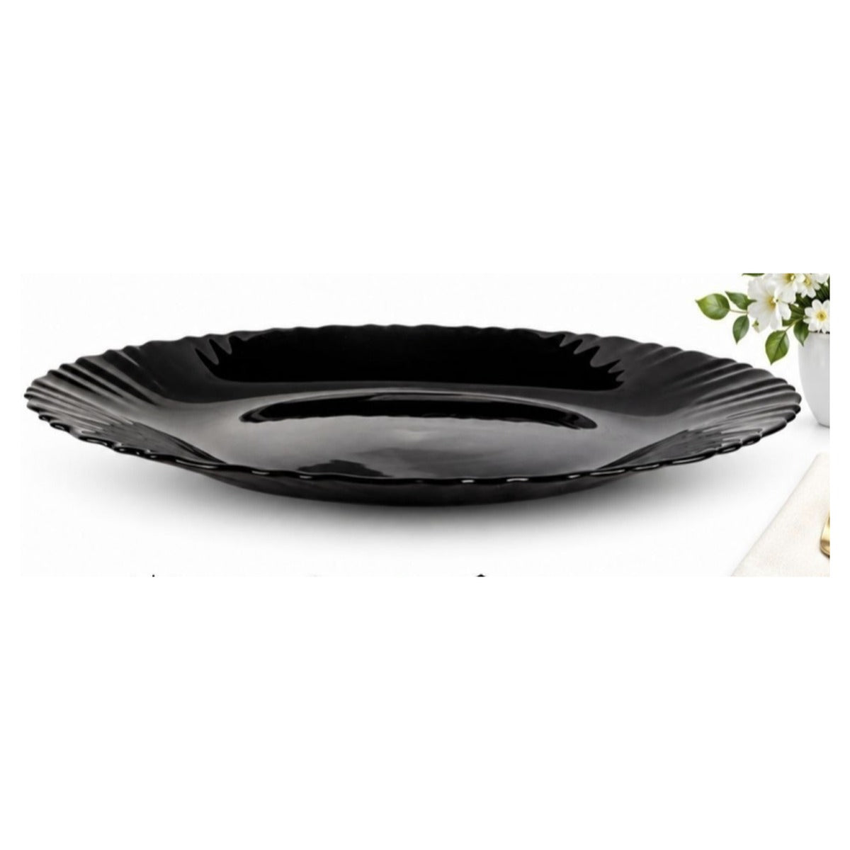Divine Touch Black Fluted Opal Glass Dinner Plate 10.5 inch, Set of 6