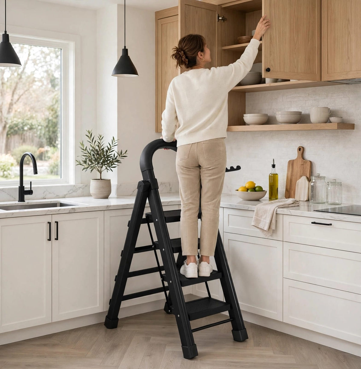 4-Step Folding Ladder with Safety Handle, Anti-Slip Steel Step Ladder 120cm, Black or White
