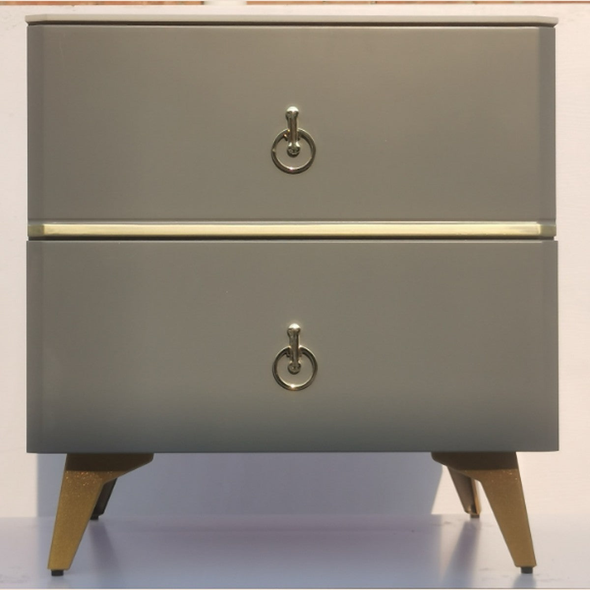 Gloss Bedside Table 2 Drawer Grey with Gold Ring Handles 40x50cm
