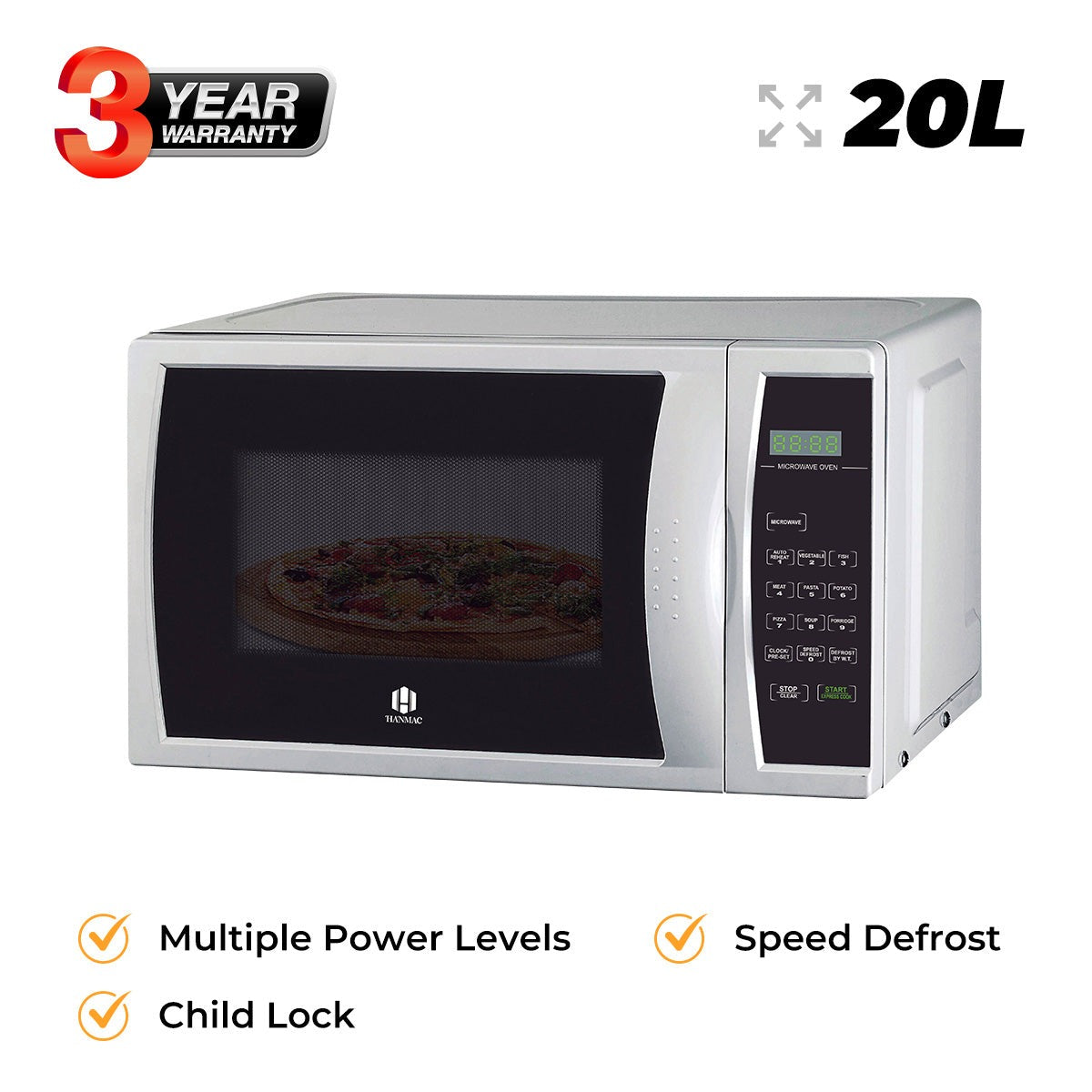 Hanmac 20L Digital Solo Microwave – 700W, 11 Power Levels, Speed Defrost, Child Lock & 3-Year Warranty