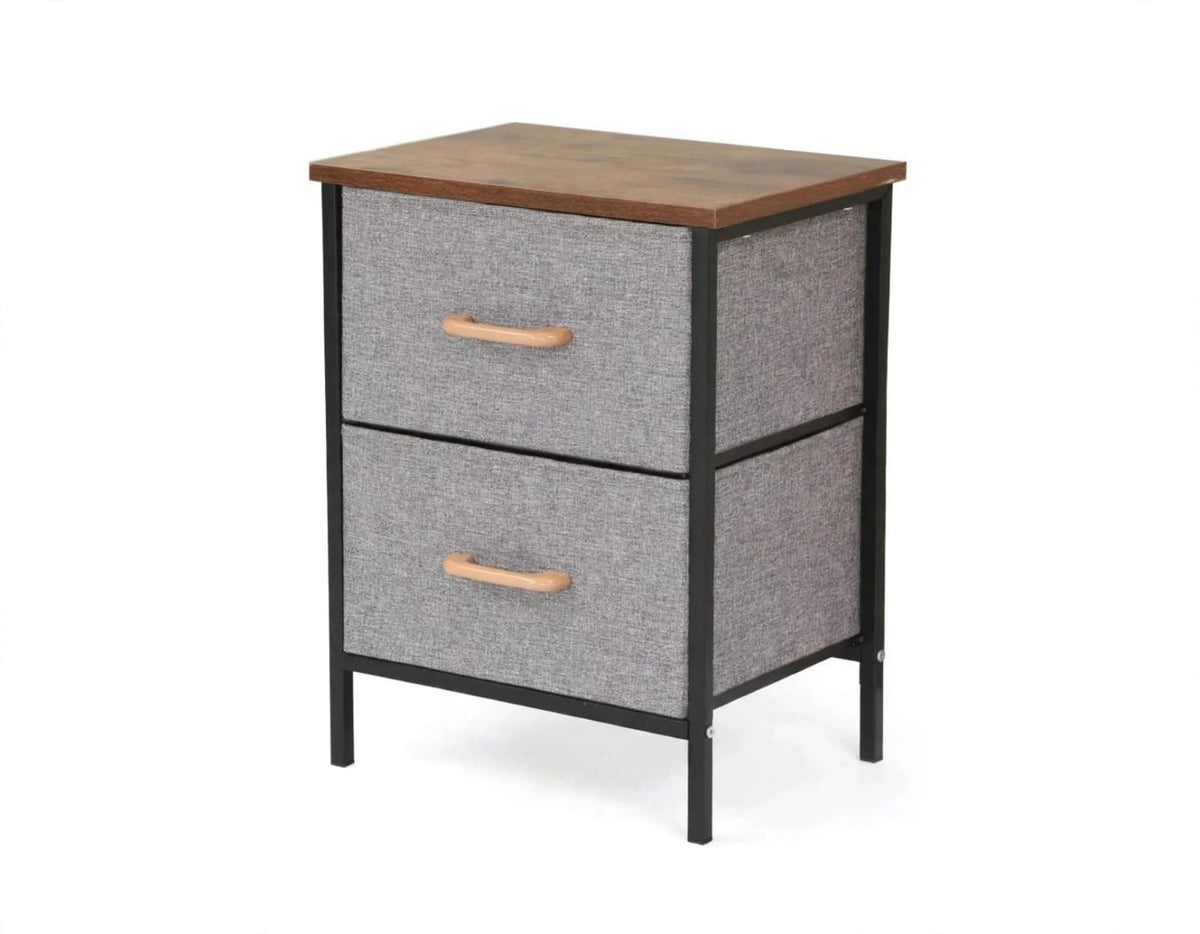 2 drawer fabric bedside table with wood top, grey drawers and black metal frame