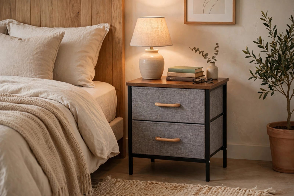 2 drawer fabric bedside table next to a bed with a lamp and books on the wood top