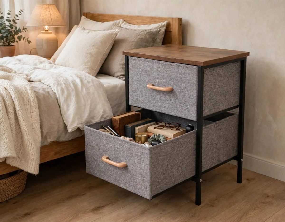 2 drawer fabric bedside cabinet with the bottom drawer open showing books and glasses