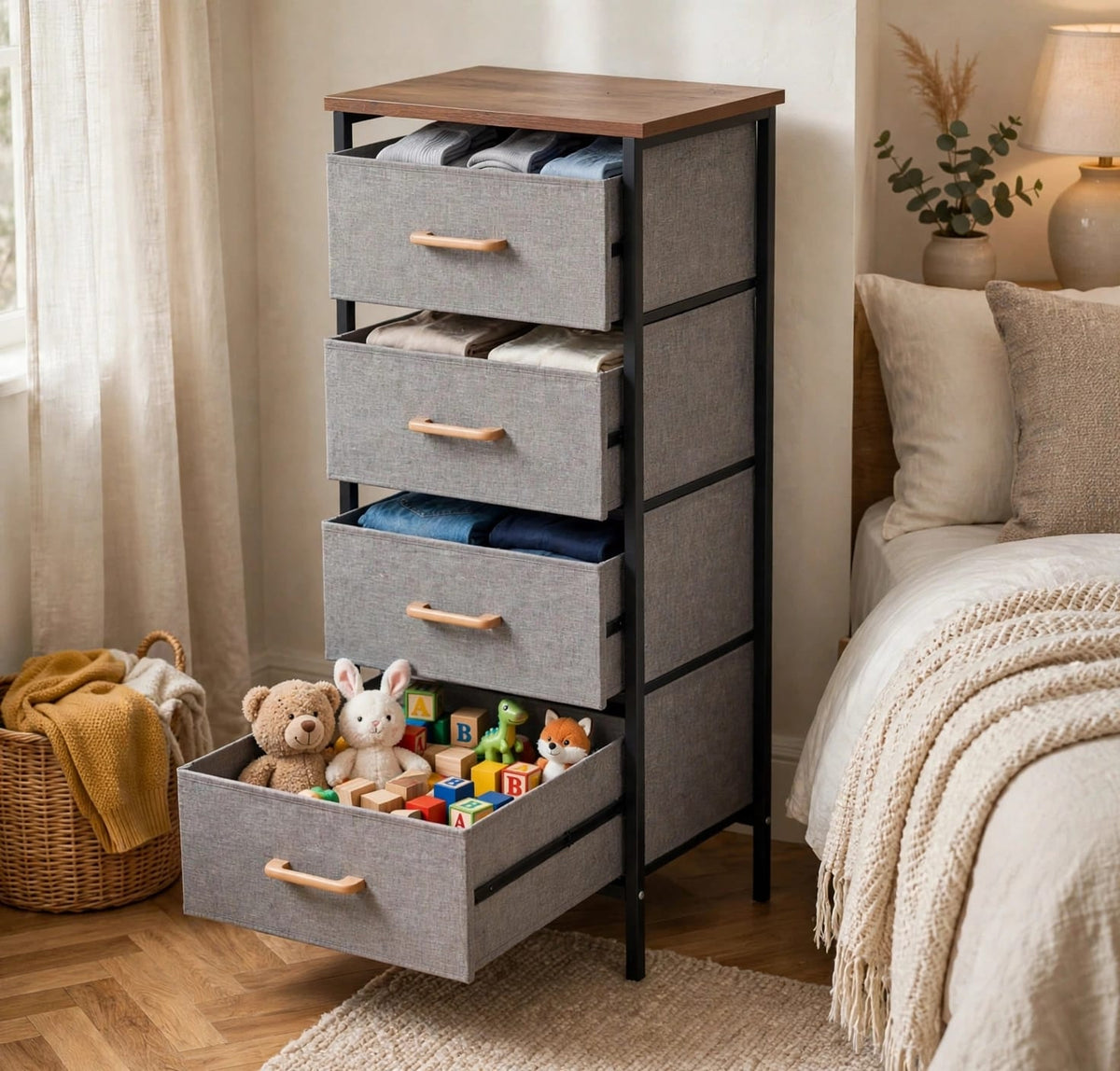 Tall slim 4 drawer fabric storage cabinet with wood top, drawers open showing clothes and toys