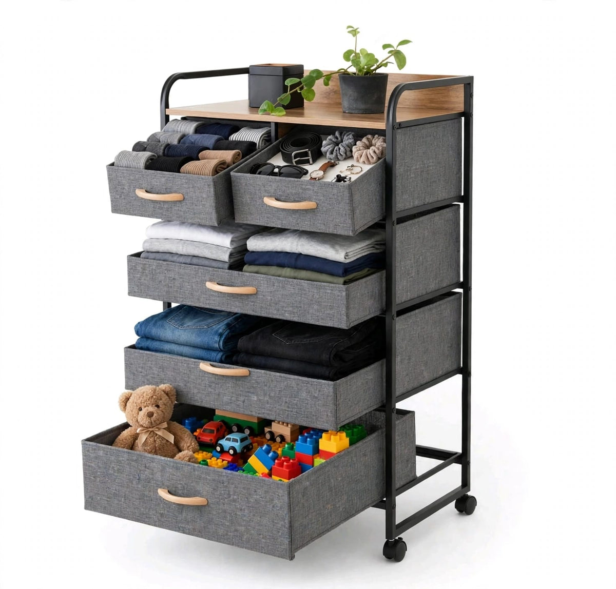 5 drawer fabric storage cabinet with drawers open showing socks, accessories, clothes, jeans and toys