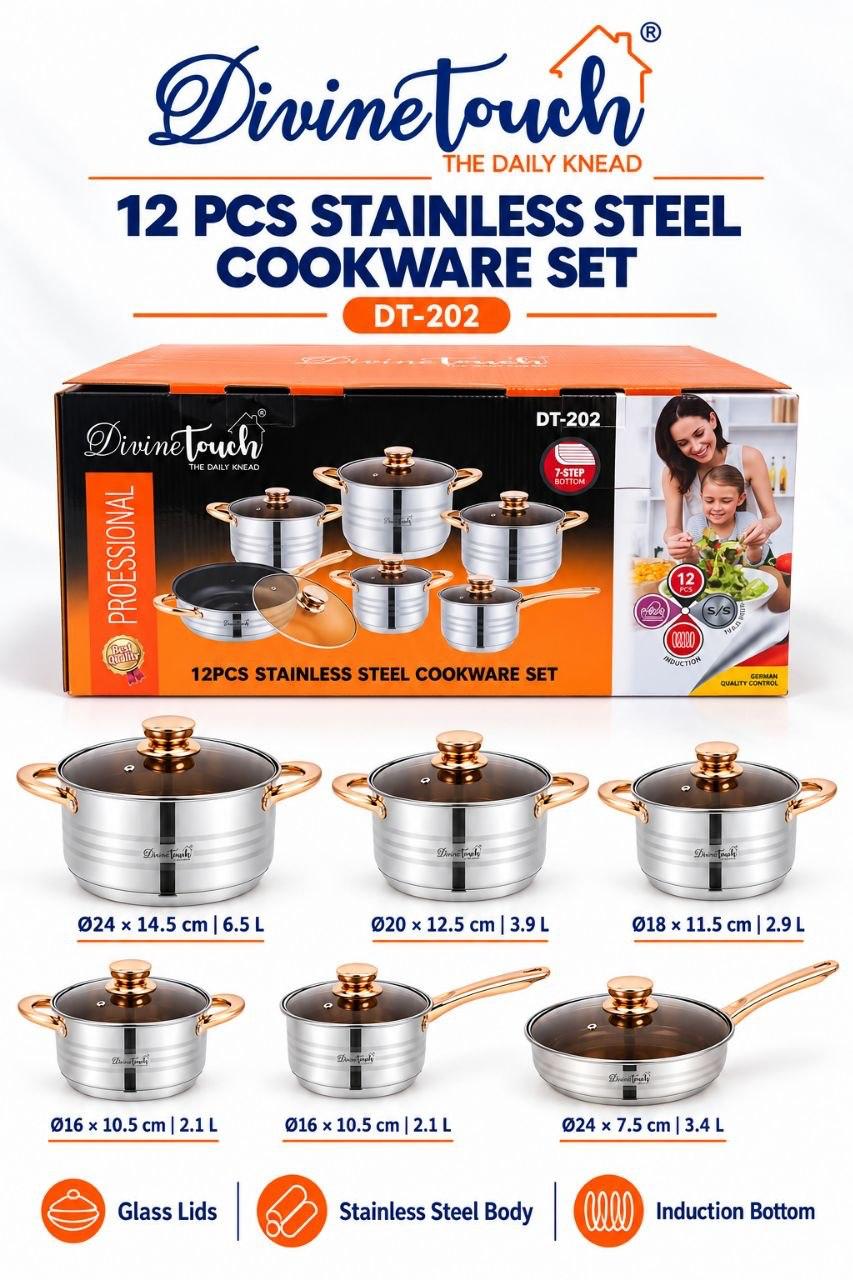 Divine Touch DT-202 12 pcs stainless steel cookware set with glass lids and 7-step induction base