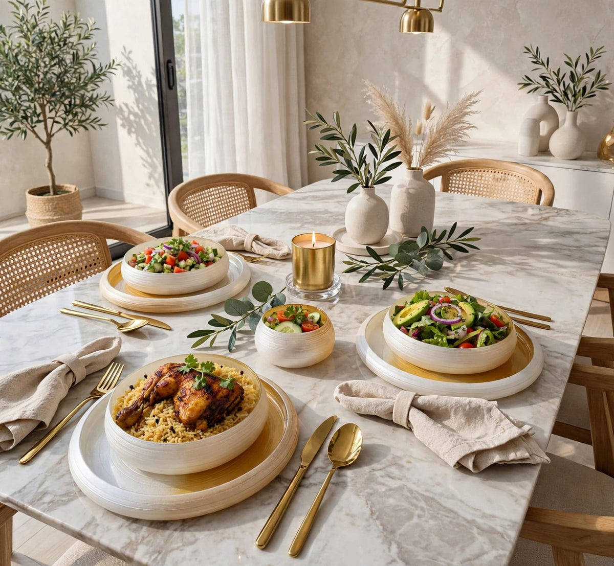 Swirl glass dinner set 18 piece in champagne gold, frosted ombre plates and bowls on a dining table