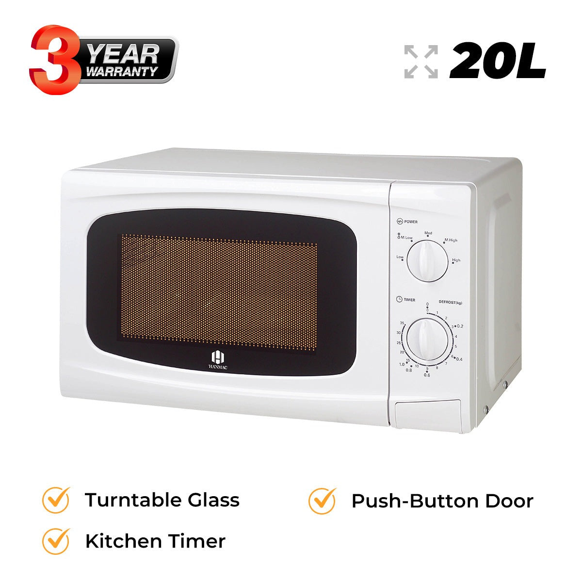 Hanmac 20L Manual Microwave with 5 Power Levels, 35-Min Timer & Defrost – 2-Year Warranty