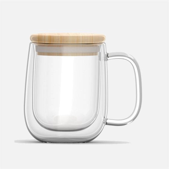 250ml Double Wall Glass Mug with Bamboo Lid & Handle – Heat Resistant Coffee Cup