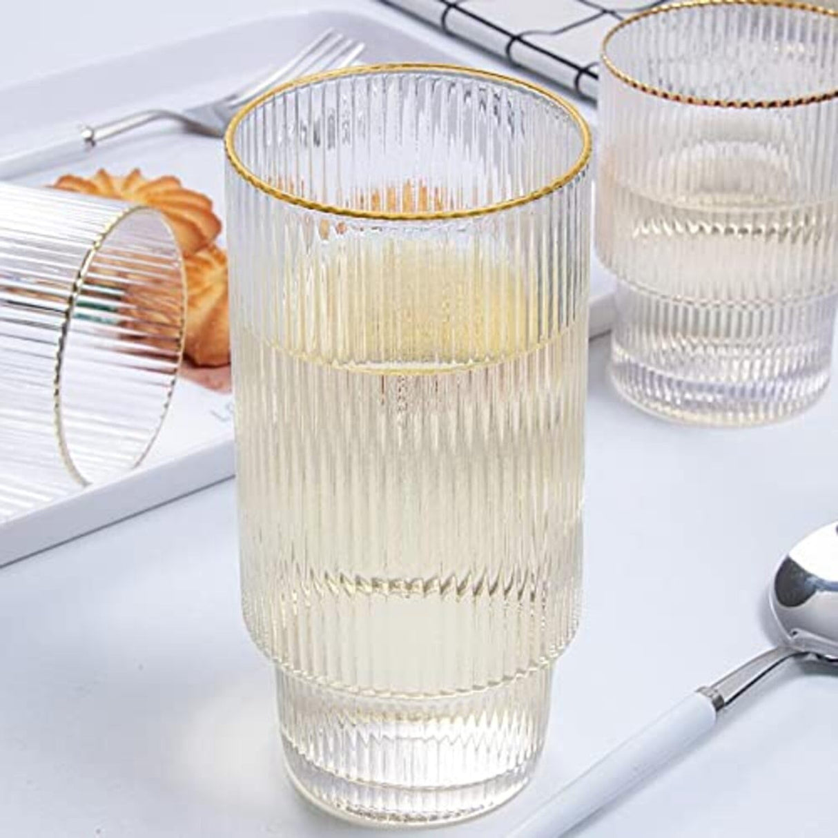 Ribbed Tumblers with Straws Glass Tumbler Cocktail Glasses 6pcs