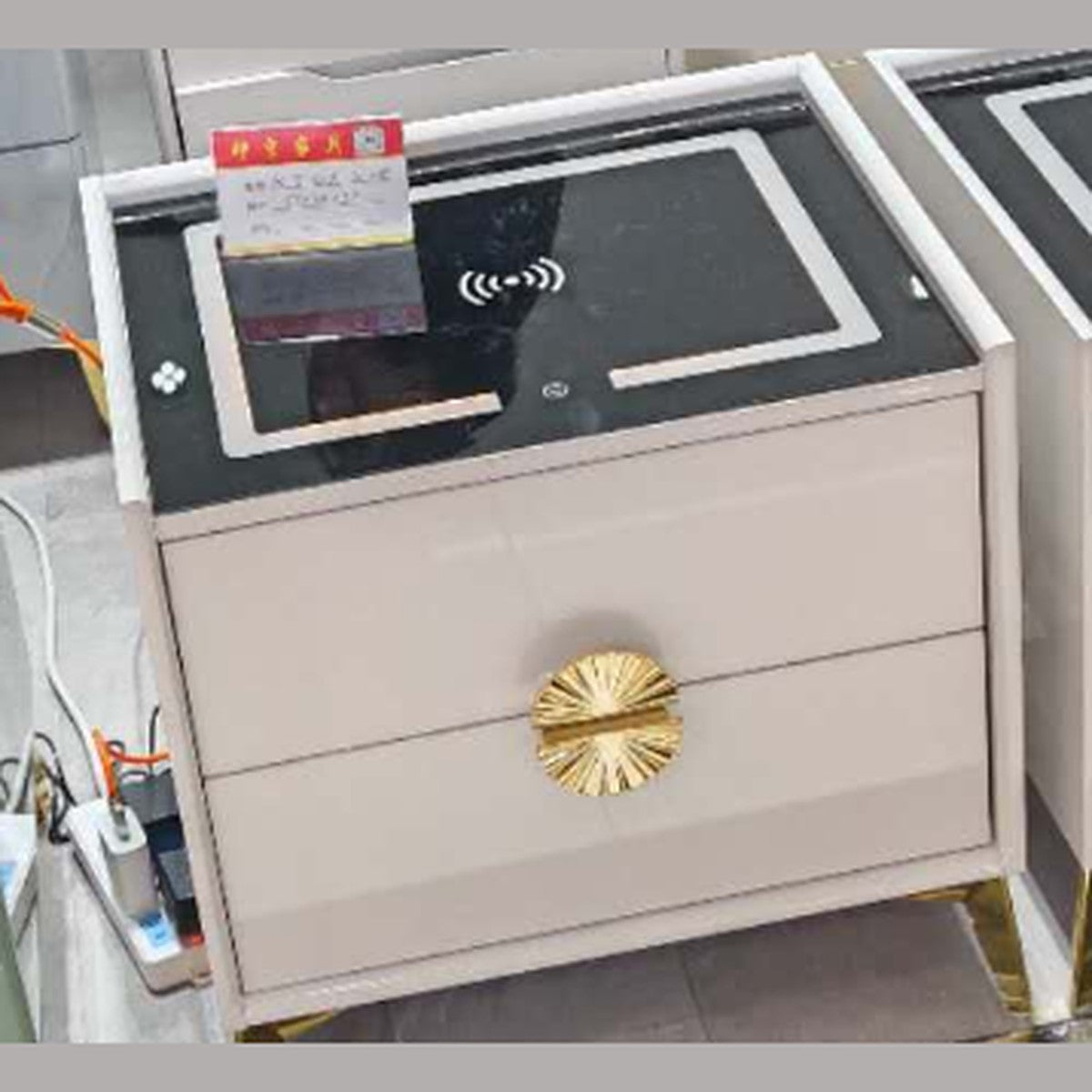 Gloss Bedside Table 2 Drawer with Wireless Charging Glass Top 40x50cm, Champagne