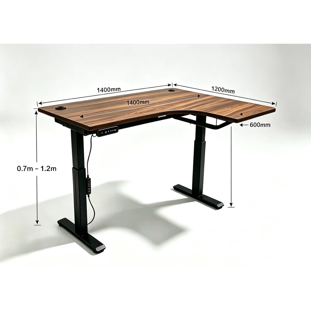L-shaped electric standing desk dimensions: 1400mm by 1200mm, 600mm deep, 0.7m to 1.2m height
