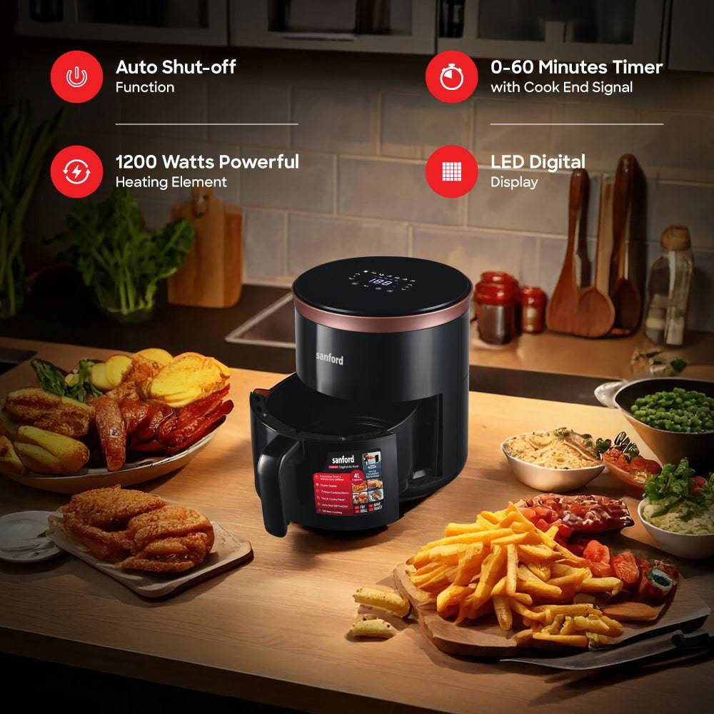 Sanford 4L Digital Air Fryer with LED Display and Non-Stick Basket | 360° Hot Air Circulation | 80–200°C Adjustable Temperature