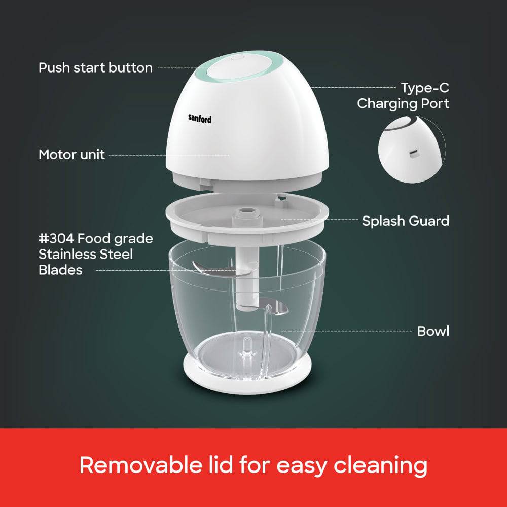 Sanford Rechargeable Food Chopper | 450ml Bowl | Type-C Charging | SS304 Stainless Steel Blades | 1200mAh Battery