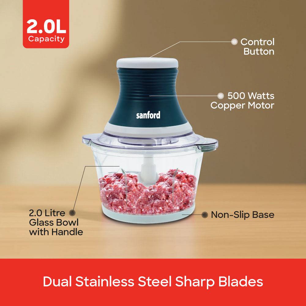 Sanford 500W Multi-Function Chopper & Mixer with 2L Glass Bowl and Stainless Steel Blades