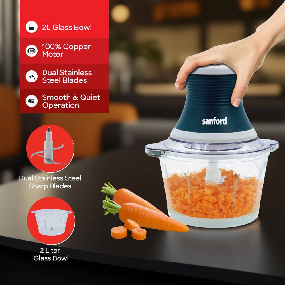 Sanford 500W Multi-Function Chopper & Mixer with 2L Glass Bowl and Stainless Steel Blades